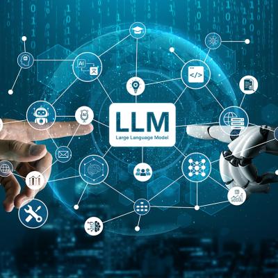 A human arm and a robotic arm pointing to an LLM (Large Language Model) and other processing data icons.