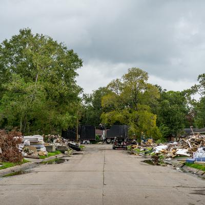 Debris along a residential neighborhood hit by Hurricane Harvey.