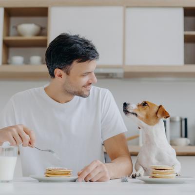 Man at home eating pancakes with his dog.