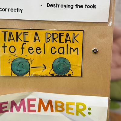 A sign in a classroom at Lead Elementary encourages children to take a break when feeling big emotions. Teachers across the country say student behavior is still challenging post-pandemic, and more support is needed.