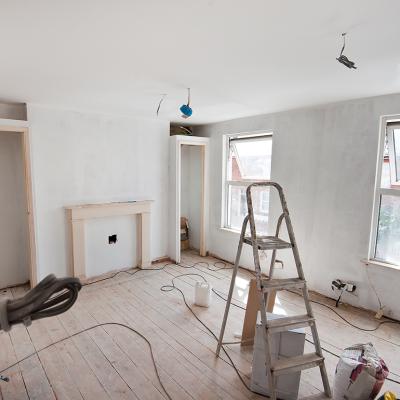 Undergoing repairs in a room of an apartment. 