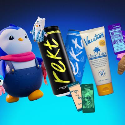 Custom illustration of nationwide brands that started as crypto experiments such as Pudgy Penguins (plush toys), Rekt (canned energy drink), and Vacation (sunscreen brand).