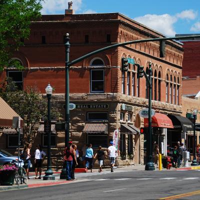 A view of Main Avenue in Durango, featuring the oldest bank building in Colorado.