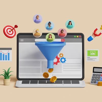 A 3D custom illustration of marketing and funnel graphics as a concept of lead generation.
