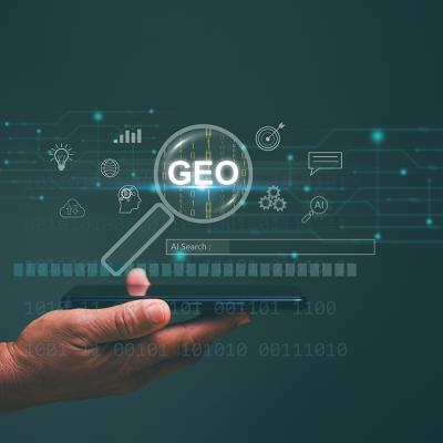A Generative Engine Optimization (GEO) concept floats in a background with icons for view results from internet network. 