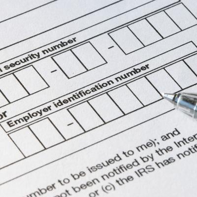 A close up on the the boxes for social security number (SSN) or employer identification number (EIN) on a W-9 form.