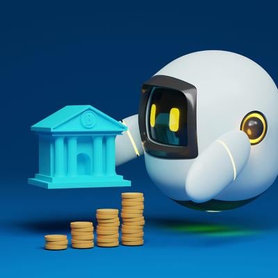 A 3D illustration of a robot holding a bank with coins in a blue background.