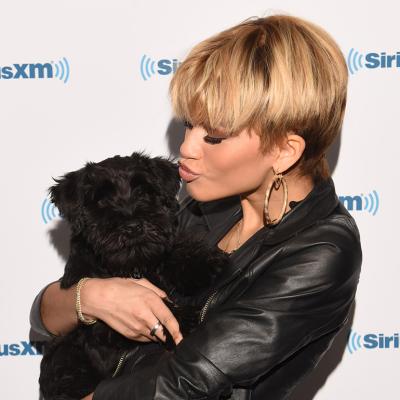 Zendaya with her dog at SiriusXM's morning broadcast show.