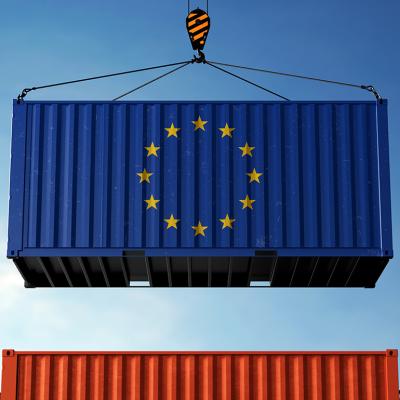 An azure blue freight container showing the European Union flag's 12 gold stars.