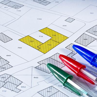 A cadastral map with buildings, land parcel and vacant plot.