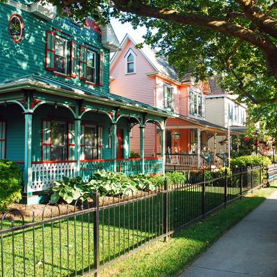 A street of Victorian-style houses in Cape May, New Jersey, USA.