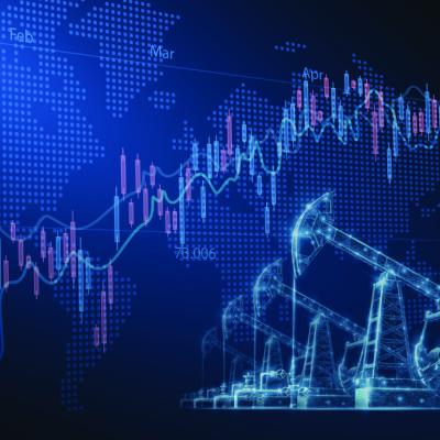 Stock and finance charts over a holographic illustration of oil pump infrastructure.