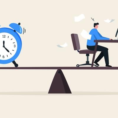 A vector illustration of a businessman working and a clock on a seesaw balance, as a concept of balancing flexible hours.