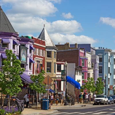 A row of colorful houses in a neighborhood in Adams Morgan, Washington, D.C.