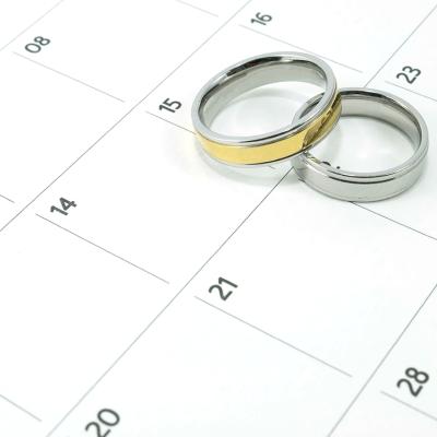 A couple's wedding rings on top of a calendar.