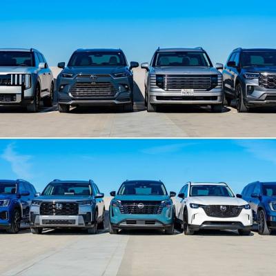 Collage of 9 midsize 3-row SUVs as compared by Edmunds.