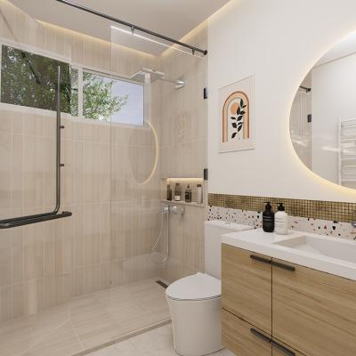 A modern bathroom with beige marble and wooden interior.