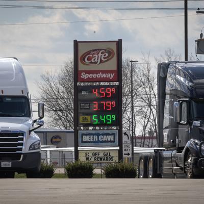 Fuel prices are displayed at a truck stop on April 06, 2026 in Hampshire, Illinois.