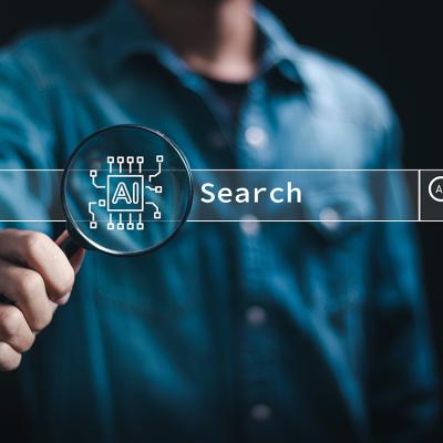 An artificial intelligence (AI) search technology and a data analyst holding a magnifying glass in the background.