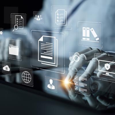 AI-powered platform and document management icons floating in the background.