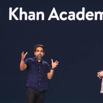 Khan Academy CEO Sal Khan (left) and Microsoft Chief Technology Officer and Executive Vice President of Artificial Intelligence Kevin Scott (right) presenting at the Microsoft Briefing event in Seattle, Washington, USA.