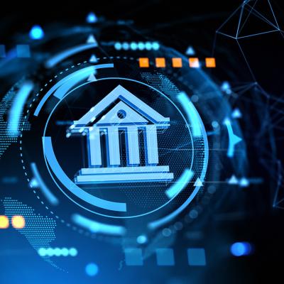 A digital bank icon surrounded by futuristic blockchain concept and designs.