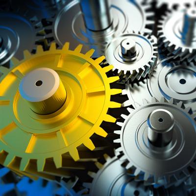 3D illustration of machine gears as a concept of automating CRM tools.