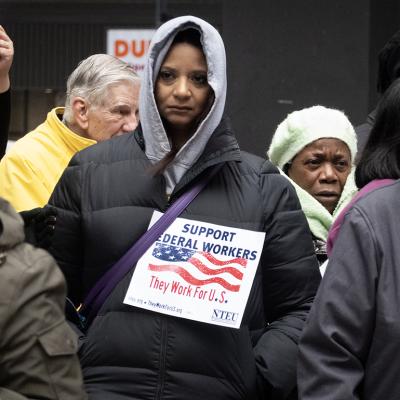 Federal employees rallying for their jobs outside of Kluczynski Federal Building in Chicago, Illinois, USA.