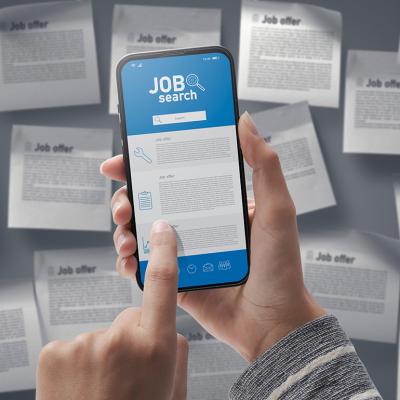 A person checking on job search app's posts from a smartphone.