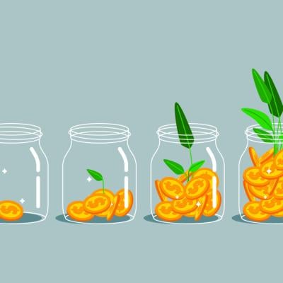 A vector illustration of jars growing a plant with increasing deposit of coins as a concept of growing finances.