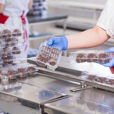 A production worker checking cake balls and confectionary products in an enterprise.