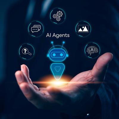 A businessman signaling to hold a virtual AI agent holographic interface.