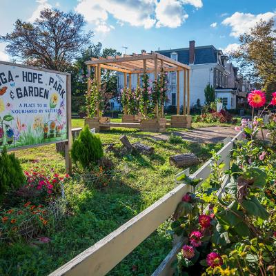 Roses bloom outside a fenced yard with a sign that says "Welcome to Tioga Hope Park &Garden."