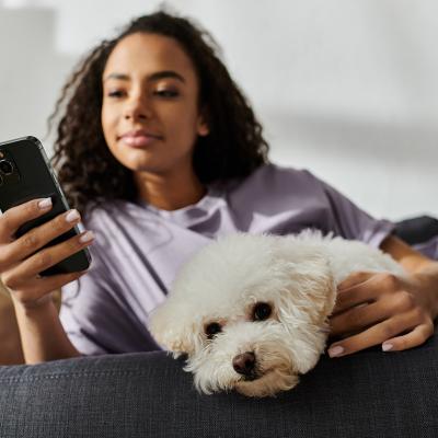 A woman relaxing on the couch while scrolling through her phone and petting her dog.