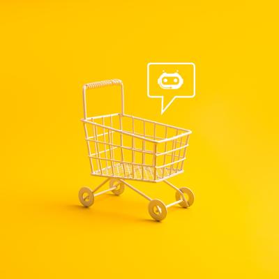 A shopping cart with a AI chatbot icon in a yellow background.