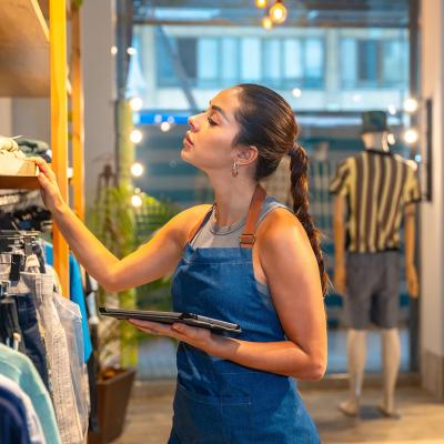 A young female store assistant checking clothing inventory.