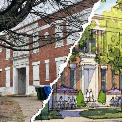 An illustration showing the proposed redevelopment of Lakewood Elementary with the old school on the left and a rendering on the right. The two images are joined together at their edges with what looks like a paper torn diagonally.