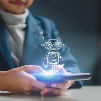 A young girl using a smartphone for learning illustrated with a AI chatbot graphics.