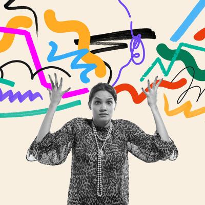 A conceptual collage of a confused woman with expressive abstract scribbles as a concept of overwhelmed thinking.