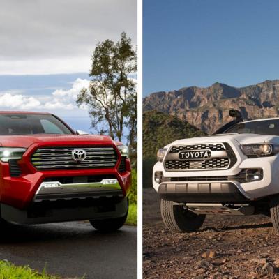 Composite photo featuring front view of two trucks, with a red 2026 Toyota Tacoma on the left (4th generation) and a white 2019 Toyota Tacoma on the right (3rd generation).