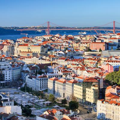 A skyline photo of Lisbon, Portugal.