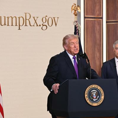 US President Donald Trump speaks about TrumpRx website as the Administrator for the Centers for Medicare & Medicaid Services Mehmet Oz listens, in the South Court Auditorium of the White House in Washington, DC, on February 5, 2026.