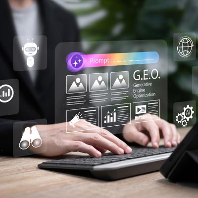 A business person working on a generative engine optimization (GEO) dashboard using AI technology.