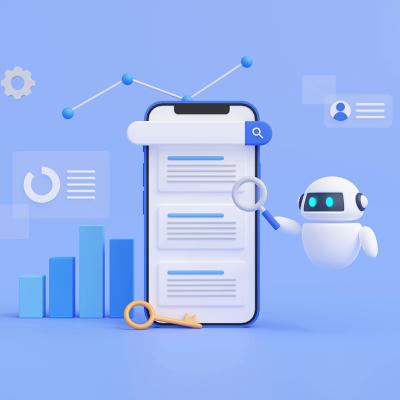 3D concept illustration showing AI bots optimizing searching on a phone.
