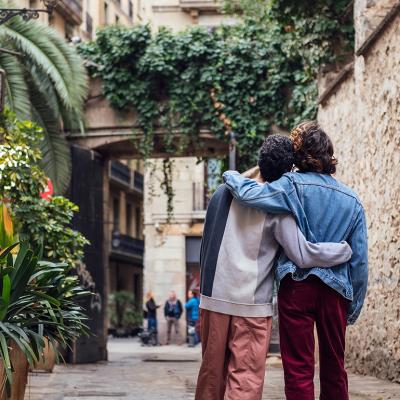 A male couple looking at a sight during a trip.