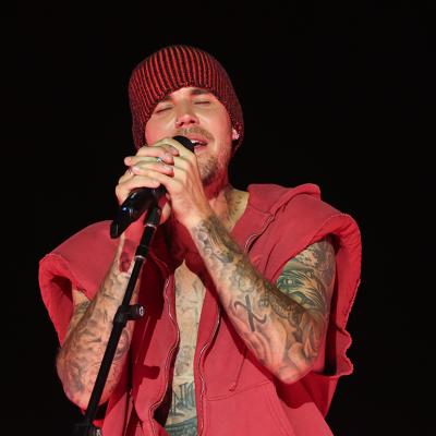 Justin Bieber performing at the Coachella stage during the 2026 Coachella Valley Music and Arts Festival in Indio, California, USA.