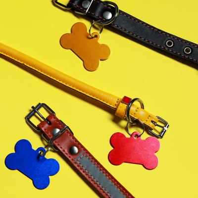 Leather dog collars with bone pendants on a yellow background.