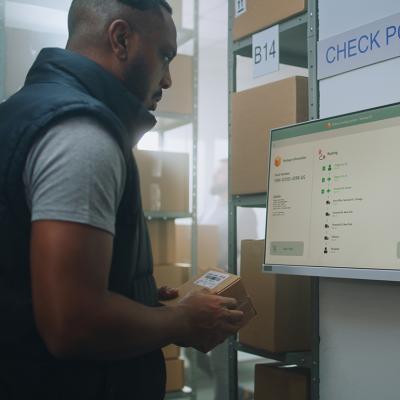 A parcel processing specialist checking delivery information of a package from a monitor.