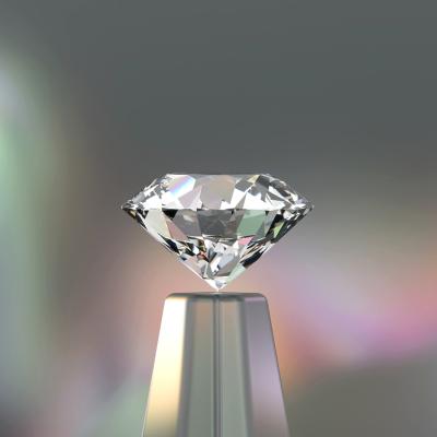 A 3D rendering of a round diamond with an iridescent backdrop.
