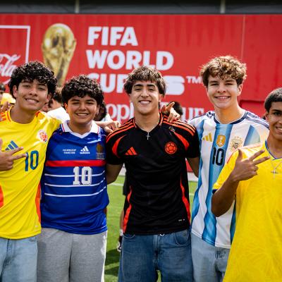 Fans posing for a photo during the FIFA World Cup Trophy Tour 2026 in Miami, Florida, USA.